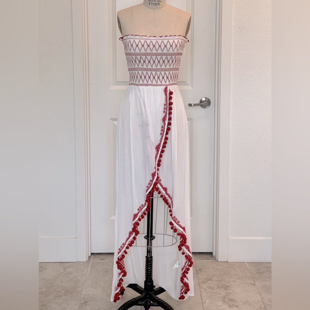 ASOS white red embroidered beach coverup high low strapless dress size XS